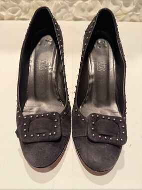 Prevata Black Suede Studded Buckle Pumps